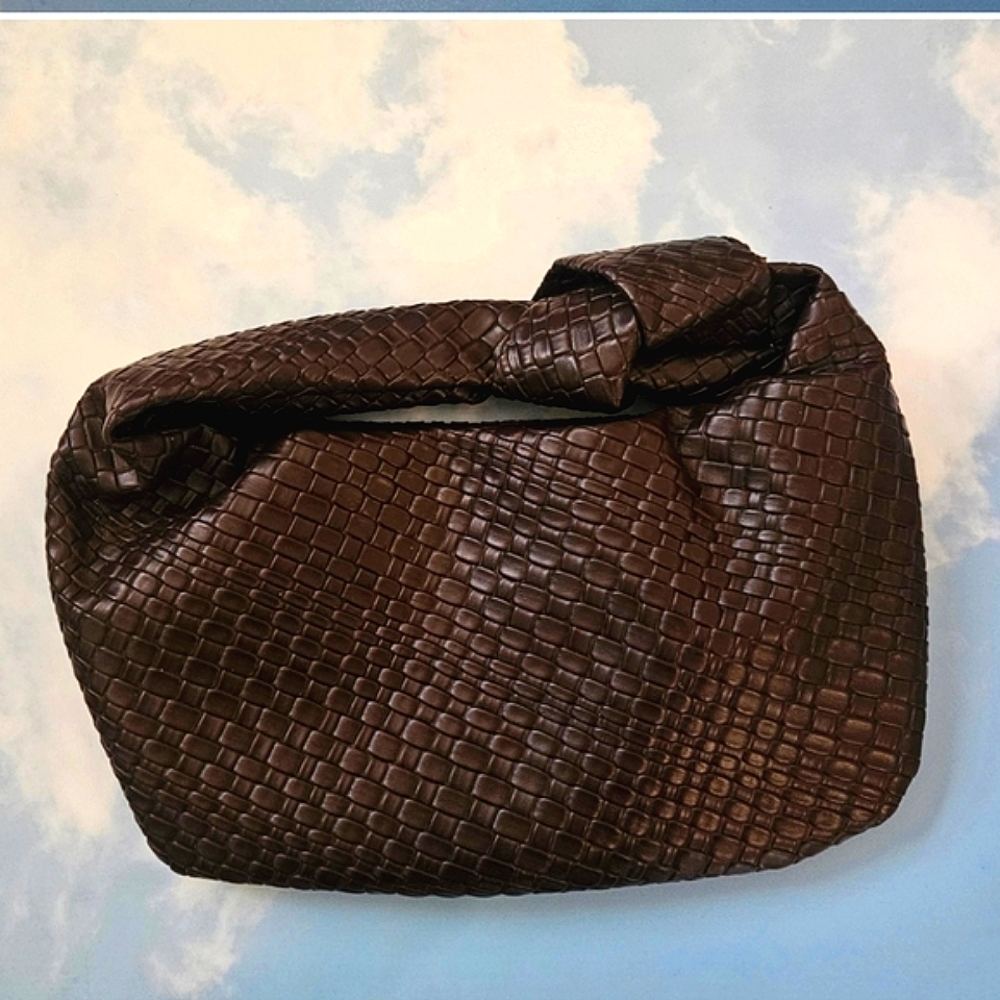 Woven Leather Mini Shoulder Bag in Dark Brown